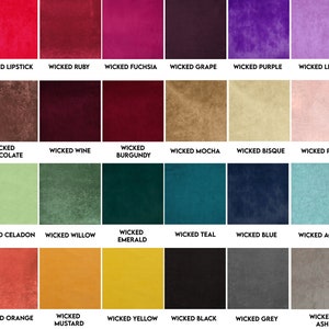May include: A color chart showing 18 different shades of velvet fabric. The colors are arranged in three rows of six colors each. The colors include red, pink, purple, blue, green, yellow, orange, brown, and gray.