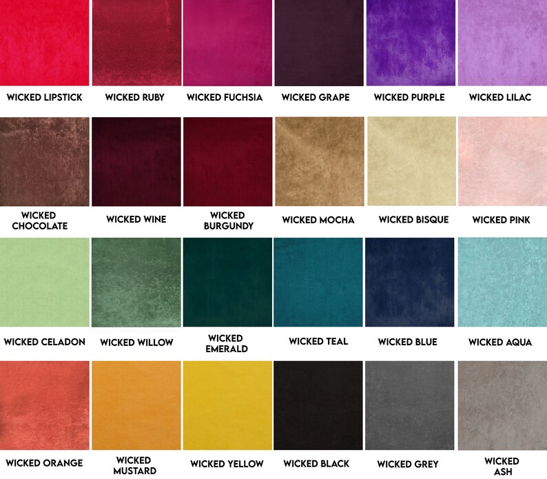 May include: A color chart showing 18 different shades of velvet fabric. The colors are arranged in three rows of six colors each. The colors include red, pink, purple, blue, green, yellow, orange, brown, and gray.