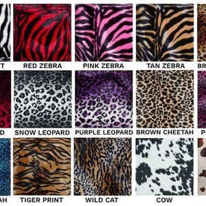 K&ouml;nnte beinhalten: Eine Collage aus 15 verschiedenen Tierdruckstoffen, darunter Zebra, Leopard, Gepard, Tiger, Kuh und Pony. Die Stoffe sind in einem Raster angeordnet und jeder Stoff hat eine Beschriftung darunter.