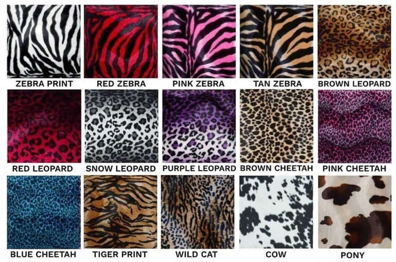 K&ouml;nnte beinhalten: Eine Collage aus 15 verschiedenen Tierdruckstoffen, darunter Zebra, Leopard, Gepard, Tiger, Kuh und Pony. Die Stoffe sind in einem Raster angeordnet und jeder Stoff hat eine Beschriftung darunter.