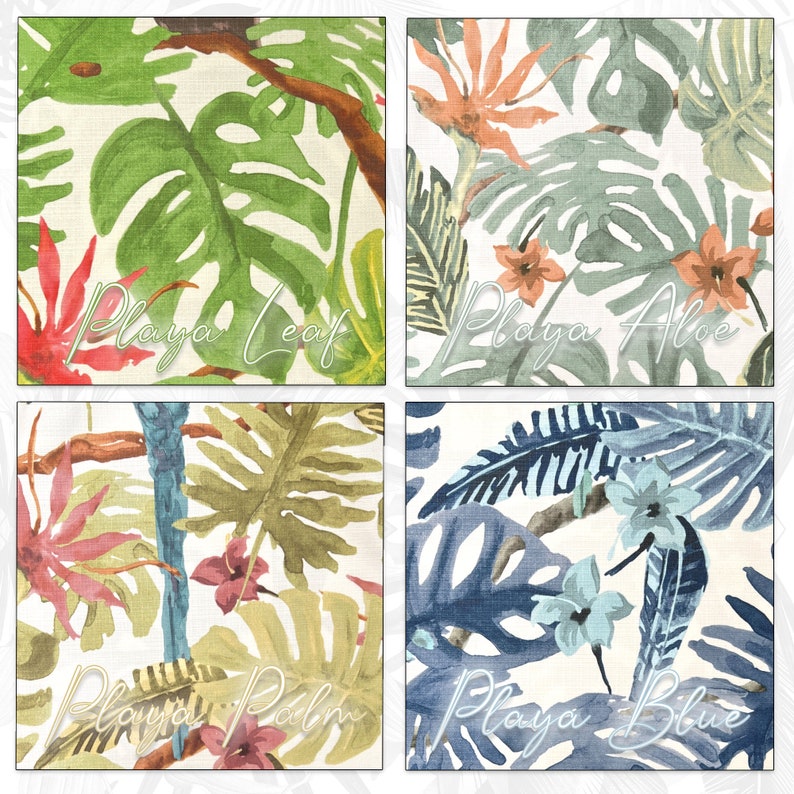 K&ouml;nnte beinhalten: Vier Aquarellmuster mit tropischen Bl&auml;ttern und Blumen. Die Muster hei&szlig;en "Playa Leaf", "Playa Aloe", "Playa Palm" und "Playa Blue".