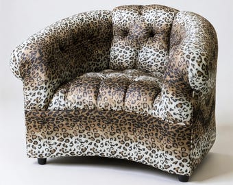 Brown Leopard Button Tufted Barrel Back Chair | Retro Flared Arm Armchair