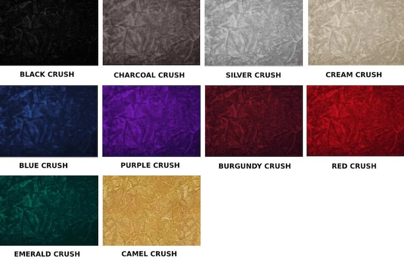 May include: A collection of ten fabric swatches in various colors, including black, charcoal, silver, cream, blue, purple, burgundy, red, emerald, and camel. Each swatch has a textured, crushed velvet-like appearance.