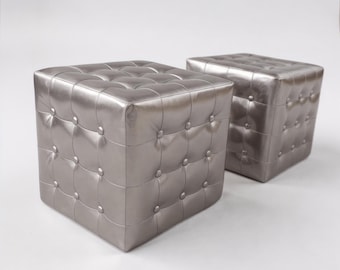 Metallic Silver Tufted Ottoman | Glamorous Cube Centerpiece