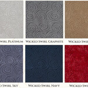 May include: Six different color variations of a rug with a swirling pattern. The colors are platinum, graphite, taupe, sky, navy, and red.