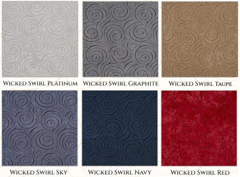 May include: Six different color variations of a rug with a swirling pattern. The colors are platinum, graphite, taupe, sky, navy, and red.