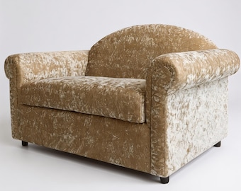 Camel Back Loveseat With Rolled Arms | Loose Cushion Couch in Crush Camel Velvet