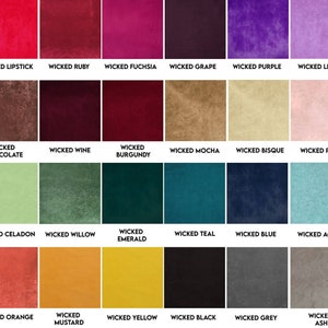 K&ouml;nnte beinhalten: Eine Farbkarte mit 18 verschiedenen Farbt&ouml;nen, die jeweils mit einem Namen wie "Wicked Lipstick", "Wicked Ruby", "Wicked Fuchsia" usw. beschriftet sind.