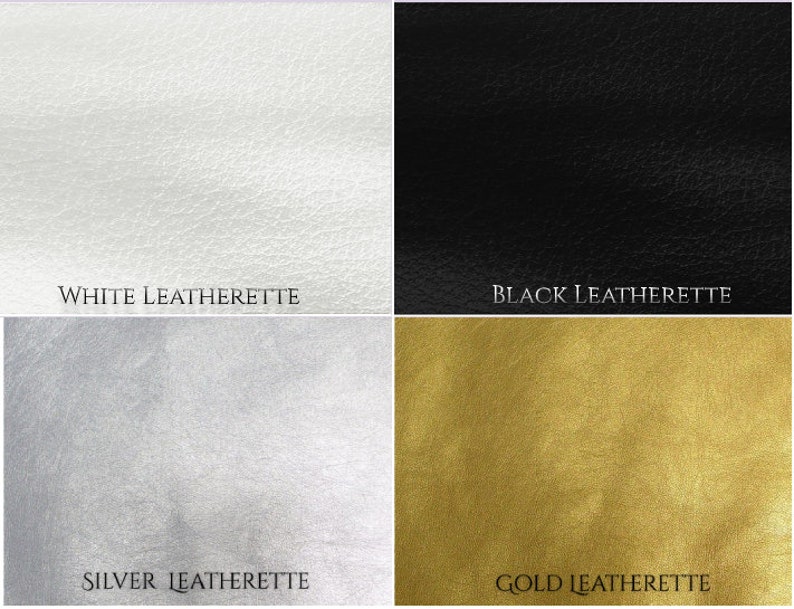 May include: Four samples of leatherette fabric in white, black, silver, and gold.