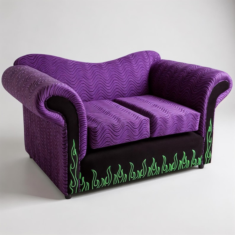 A custom-made "Rockstar Loveseat" featuring a two-tone design and prominent embroidered flame details on the lower "kick panel" (base). The loveseat has a modern, boxy silhouette with generous cushions and is fully upholstered in two contrasting fabrics (e.g., Purple Swirl and Crush Purple). It measures approximately 66" W x 37" D x 36" H and is built on a Poplar frame.