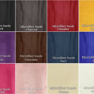 May include: A display of microfiber suede fabric swatches in a range of colours. The swatches are labelled with their colour names, including black, charcoal, cinnabar, yellow, purple, chocolate, navy, sea, hot pink, blush, cream, and white.