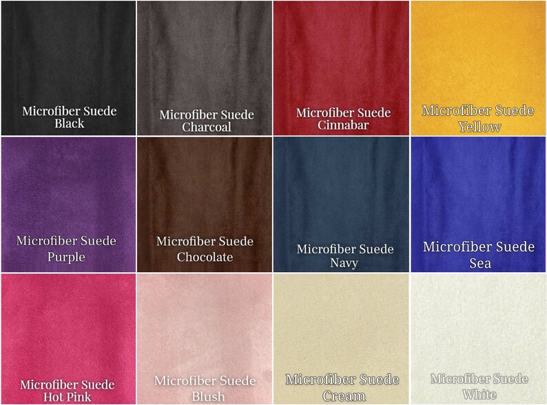 May include: A display of microfiber suede fabric swatches in a range of colours. The swatches are labelled with their colour names, including black, charcoal, cinnabar, yellow, purple, chocolate, navy, sea, hot pink, blush, cream, and white.
