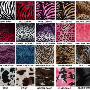 May include: A collection of 15 different animal print fabrics, including zebra, leopard, cheetah, tiger, cow, and pony. The fabrics are arranged in a grid pattern and are all in various shades of pink, red, brown, black, and white.
