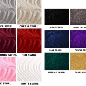 May include: A chart showing 20 different colors of fabric. The fabric has a swirl pattern. The colors are black, charcoal, silver, cream, blue, purple, burgundy, red, emerald, gold, pink, and white. The colors are also shown in a "crush" version, which is a darker, more textured version of the swirl.