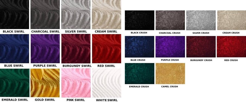May include: A chart showing 20 different colors of fabric. The fabric has a swirl pattern. The colors are black, charcoal, silver, cream, blue, purple, burgundy, red, emerald, gold, pink, and white. The colors are also shown in a "crush" version, which is a darker, more textured version of the swirl.