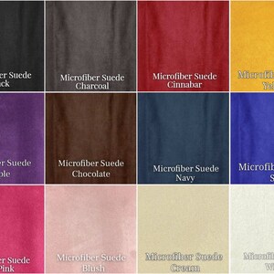 K&ouml;nnte beinhalten: Eine Farbkarte mit Mikrofaser-Wildleder-Stoffmustern in 12 verschiedenen Farben: Schwarz, Anthrazit, Zinnoberrot, Gelb, Lila, Schokolade, Marineblau, See, Pink, Blush, Creme und Wei&szlig;.