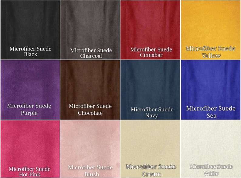 K&ouml;nnte beinhalten: Eine Farbkarte mit Mikrofaser-Wildleder-Stoffmustern in 12 verschiedenen Farben: Schwarz, Anthrazit, Zinnoberrot, Gelb, Lila, Schokolade, Marineblau, See, Pink, Blush, Creme und Wei&szlig;.
