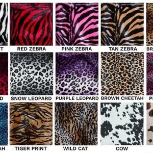 May include: A collage of 15 different animal print fabric swatches. The swatches include zebra, leopard, cheetah, tiger, cow, and pony prints in various colors.