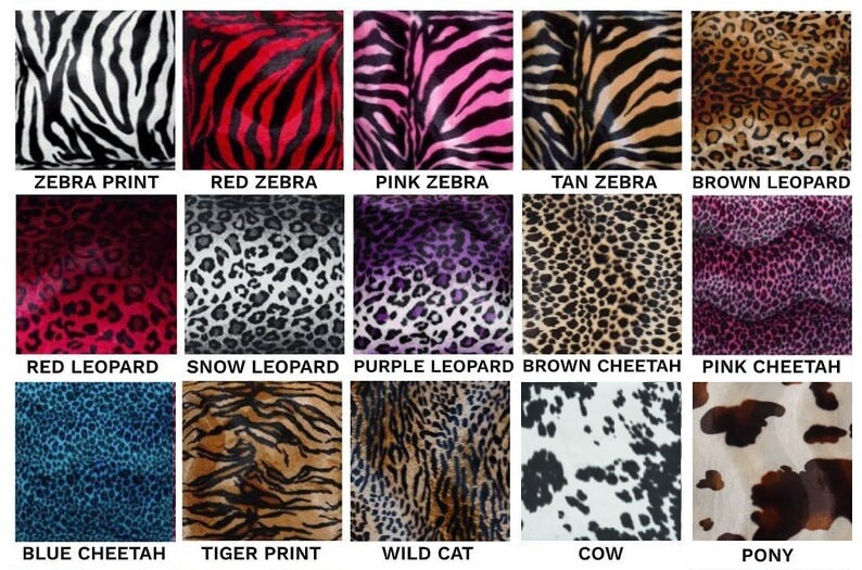 May include: A collage of 15 different animal print fabric swatches. The swatches include zebra, leopard, cheetah, tiger, cow, and pony prints in various colors.
