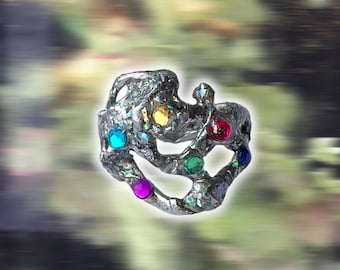 Liquid Metal melted colorful ring with rainbow stones  | soft solder y2k chunky irregular ring| handmade melted metal ring gift for her him