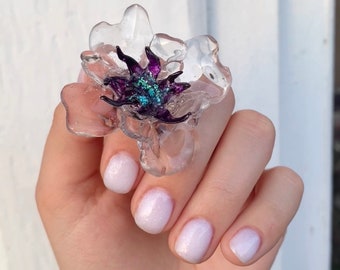 Klare violette Blumen-Ring | Übergroßer 3D-Epoxidharz-Schmuck mit mehreren Blättern | Handgemachte Statement Ring | Transparente Braut Geschenk | Geschenk für Sie