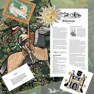 May include: A collage featuring a knight on horseback, a unicorn tapestry fragment, a sun illustration, and a newsletter titled October The Age of Chivalry. Includes a Chapter 1 text card and an October Bingo castle graphic with various text labels.