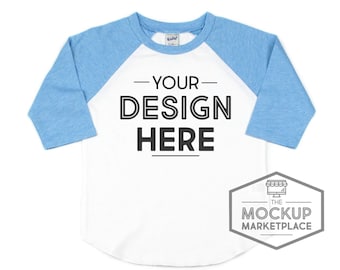 Download Free Kavio Raglan Mockup Azure Blue - IJO0660 / TP0660 / YJP0660 - Unisex Raglan Flat Lay - Blue Sleeve Raglan Mockup - Raglan Mock - Blue White PSD Template