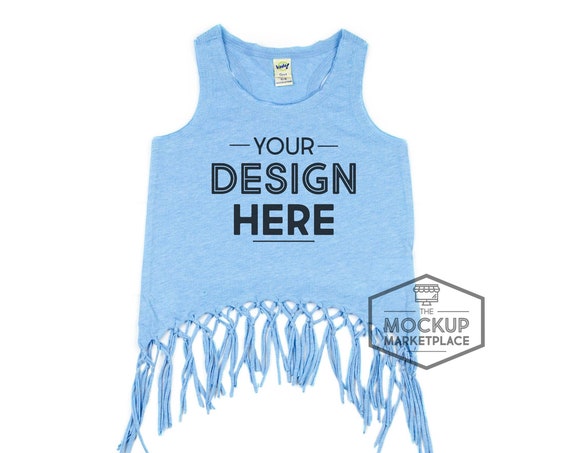 Kavio Scoop Neck Macrame Fringe Tank Mockup Azure