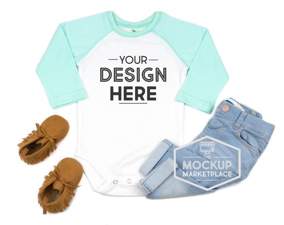 Laughing Giraffe Raglan Infant Bodysuit Mockup Mint White Laughing Giraffe Raglan Infant Bodysuit Mockup Mint White