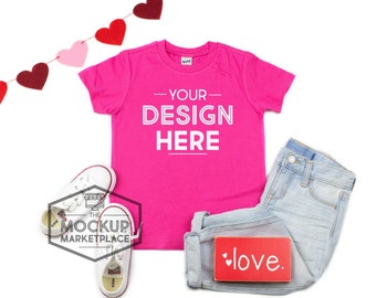 Download Free Kavio Tee Valentine's Day Mockup Hot Pink - Unisex Crew Neck T-shirt Flat Lay - Valentine's Day Mockup - Pink Tee Mockup PSD Template