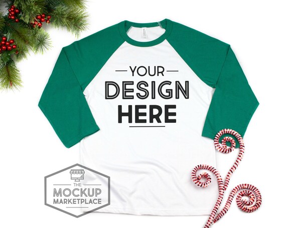 Bella Canvas 3200 Adult Raglan Christmas Mockup Kelly Green