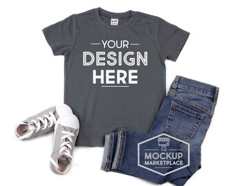 Download Kavio Tee Mockup Charcoal - Unisex Crew Neck T-shirt Flat Lay - Dark Grey Tee Mockup with White ...