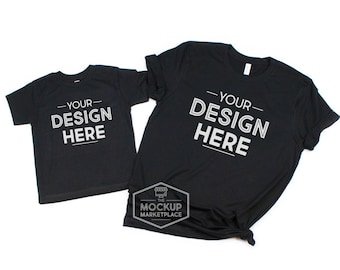 Download Free Bella Canvas 3001 / 3001T Black Unisex T-Shirt Set Mockup - Bella + Canvas Flat Lay - Adult and Child Tee Mockup - Mommy and Me Mockup PSD Template