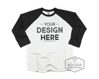 Download Free Next Level 6051 Adult Raglan Mockup - Vintage Black and Heather White Unisex Raglan Flat Lay - Black Sleeve Baseball Style Shirt Mock Up PSD Template