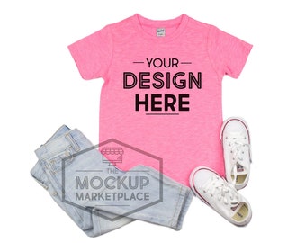 Unisex Crew Neck T-shirt Flat Lay IJS0683 TJS0683 YJS9683 Slub Tee Mockup with White Background Kavio Slub Tee Mockup Pink Flash