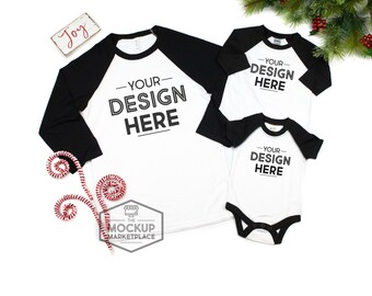 Download Free Adult, Toddler and Infant Black Raglan Set Mockup For Christmas - Mommy and Me Raglan Mockup - Raglan Flat Lay - Bella Canvas Raglan Mockup PSD Template