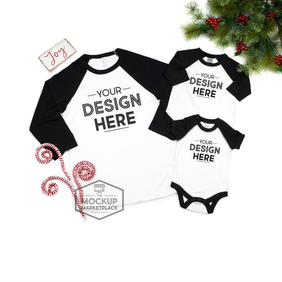 Adult Toddler And Infant Black Raglan Set Mockup For