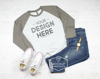 Download Free Next Level 6051 Adult Raglan Mockup - Vintage Grey and Heather White Unisex Raglan Flat Lay - Gray Sleeve Baseball Style Shirt Mock Up PSD Template