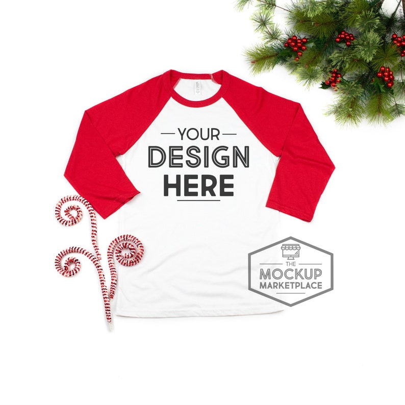 Download Bella Canvas 3200 Adult Raglan Christmas Mockup Red and | Etsy