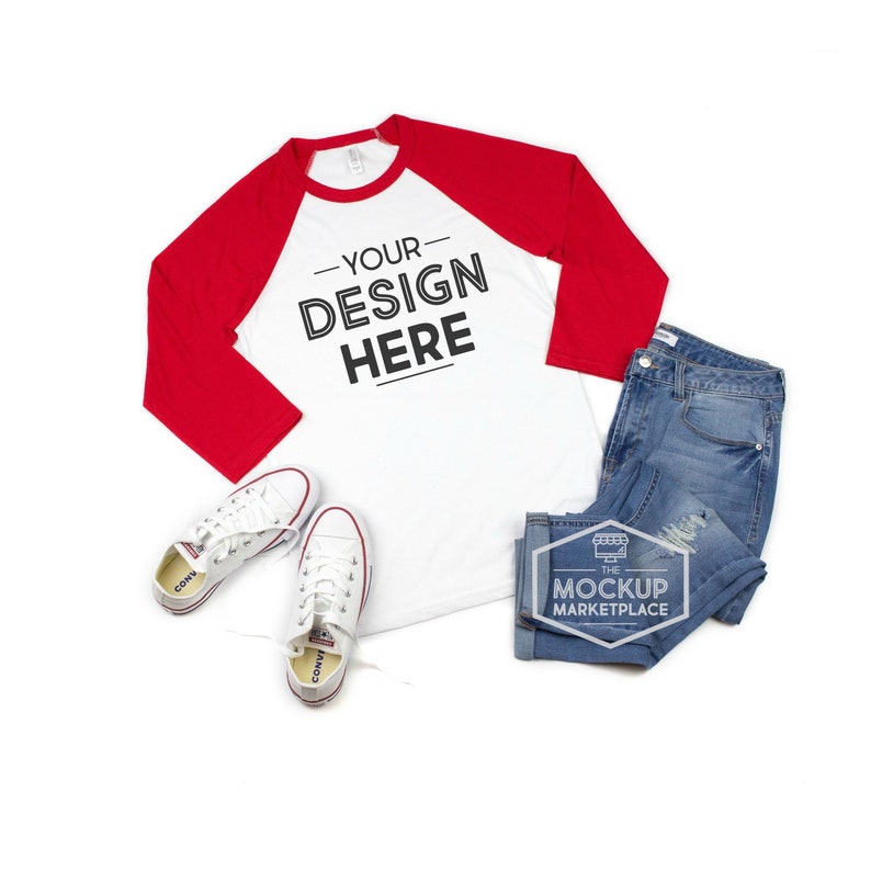 Download Bella Canvas 3200 Adult Raglan Mockup Red and White Unisex ...