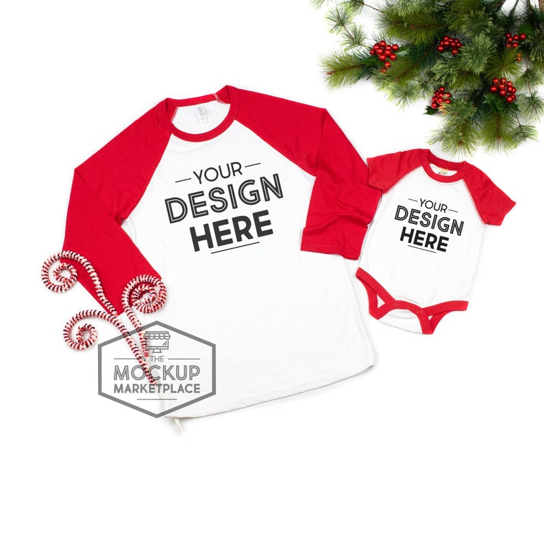 Download Bella Canvas 3200 Adult Raglan and Baby Mockup Red and ...