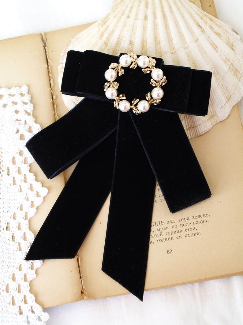 Black velvet bow tie brooch with rhinestone Victorian style gift everyday accessory Black women bowtie ladies bow tie jabot necktie