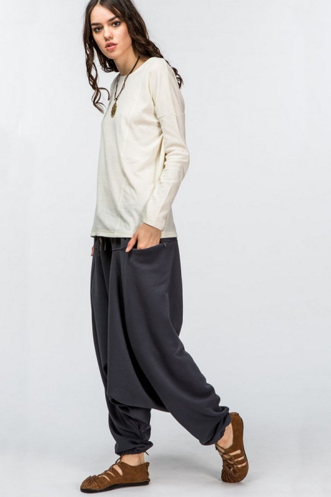 Hippie baggy ninja warm trousers women Boho Gray elastic | Etsy