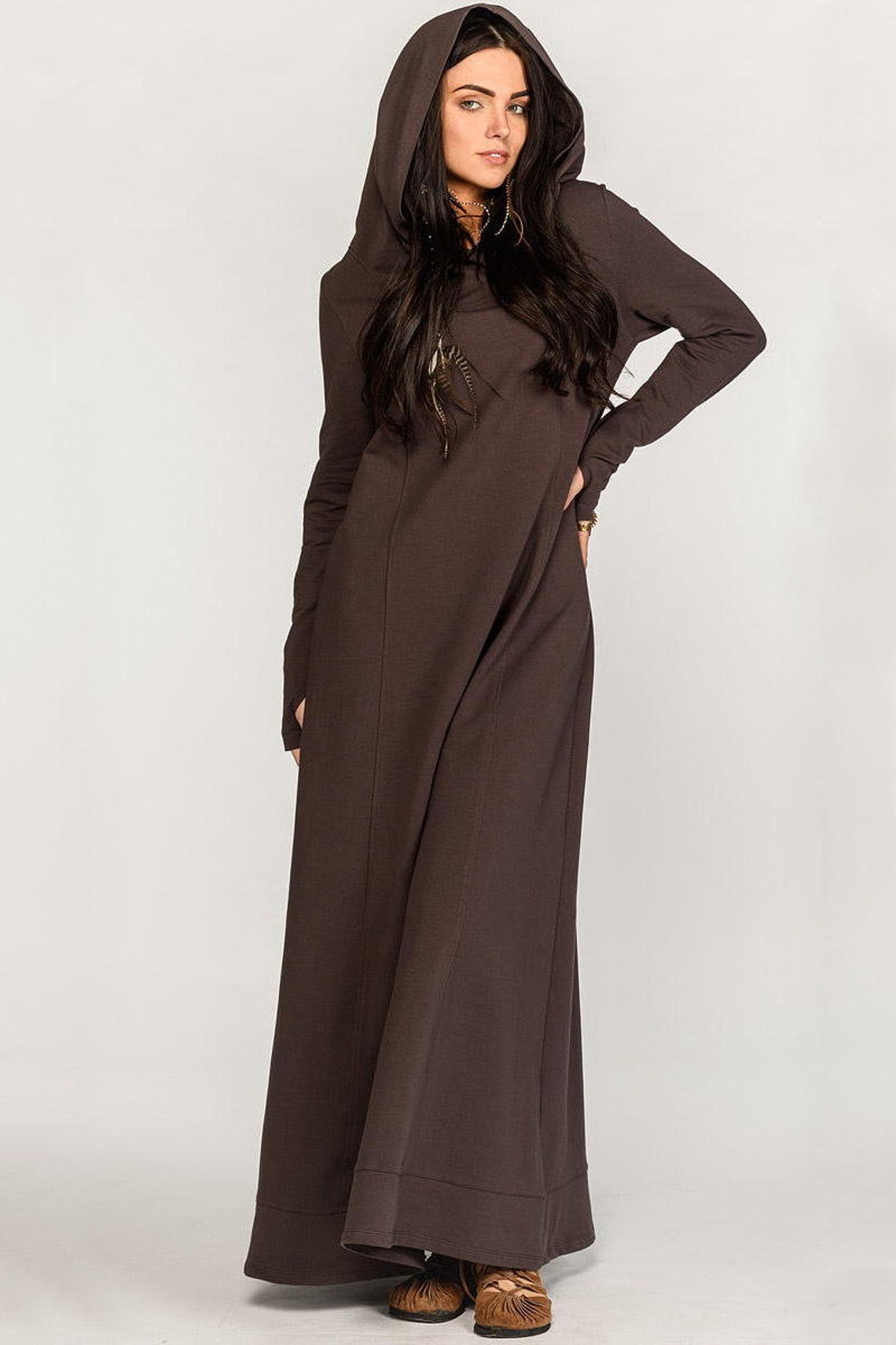 Brown Cotton Maxi Hooded Dress/ Long Boho Dress/ Avant Garde Etsy
