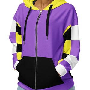 Nonbinary Checkered Color Block Full Zip Up Hoodie, trendy Non Binary Flag Aesthetic Clothing, subtle gender affirming Enby Pride Clothes
