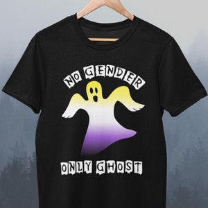 May include: Black t-shirt with a white ghost graphic. The ghost is outlined in yellow and purple, and has a gradient of yellow, purple, and white. The text "NO GENDER ONLY GHOST" is printed below the ghost.