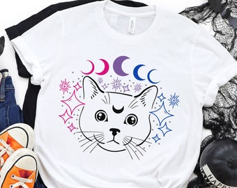 Bisexual Pride Shirt, celestial cat Bi Shirt, Bi Pride Gift, Bisexual Clothing, Bisexuality Tops, Bisexual Colors Cosmic Moon Phases T-Shirt