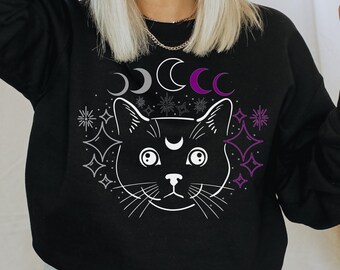 Celestial Asexual Cat Sweatshirt, Ace Pride Sweater, moon phase Asexual Sweater, subtle Asexual Clothing, Asexual Pride Flag Asexuality Gift
