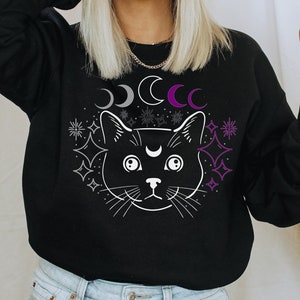Celestial Asexual Cat Sweatshirt, Ace Pride Sweater, moon phase Asexual Sweater, subtle Asexual Clothing, Asexual Pride Flag Asexuality Gift