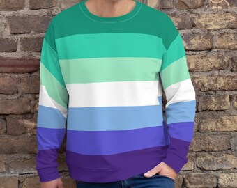 May include: A green, light green, white, light blue, blue, and purple striped sweatshirt.